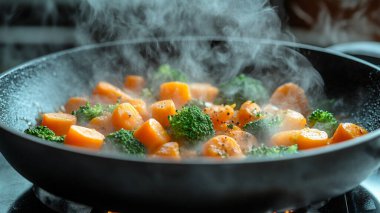 Kızartma tavasında kızartılmış sebze pişiriyorum.