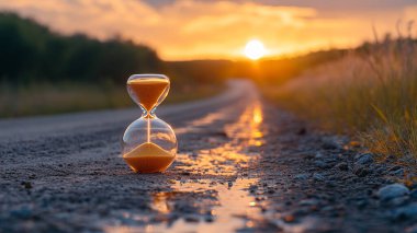 Kum saati yolda. Gün batımı zamanı. zaman kavramı