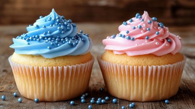 Lezzetli kekler renkli ahşap masada.