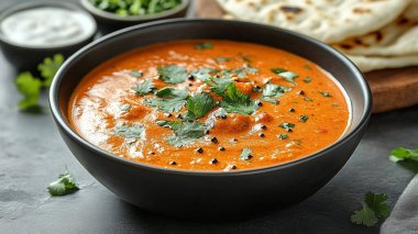 Bir kase lezzetli domates çorbası, yakın plan.