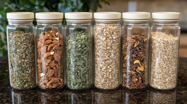 Farklı baharatlı kavanozlar ve kuru otlar masada, yakın plan.