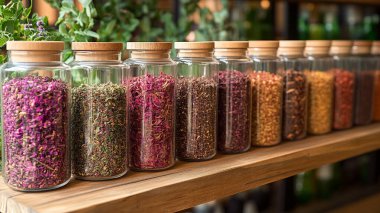 Ahşap masada cam kavanozlarda farklı baharatlar ve otlar.