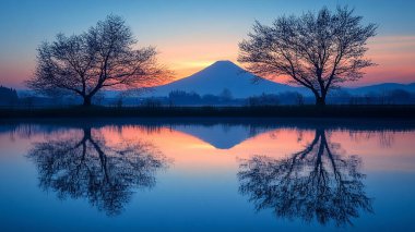 Gölde gün doğumu. Dağlardaki sudaki yansıma.