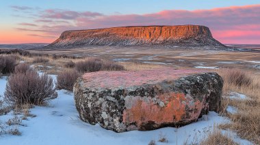 Gün batımında kardaki kaya oluşumları.