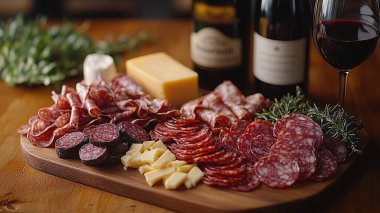 Farklı peynir, şarap ve aperatifler.