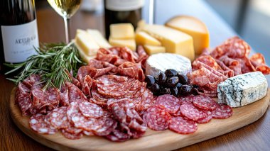 Tahta bir tahtanın üstünde çeşitli peynir ve atıştırmalıklar.