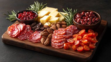 Kesme tahtasındaki farklı sosis ve peynir türleri.