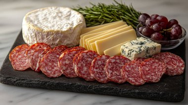 Tahtada şarap ve salamlı farklı peynir türleri var..