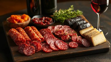 Salamlı, salamlı, domatesli ve ahşap kesim tahtasındaki baharatlı farklı peynir türleri..