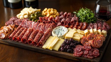 Değişik peynir ve aperatif çeşitleri olan pano