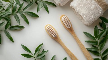 Sıfır atık, çevre dostu doğal çevre - dost canlısı doğal bambu diş fırçası, üst görüş, düz yatış