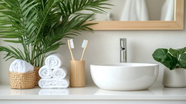 banyo içi modern lavabo ve ayna beyaz duvar arka planında