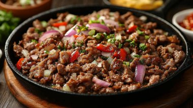 Kızartma tavasında soğan ve sebzeli lezzetli Meksika bifteği, yakın plan.