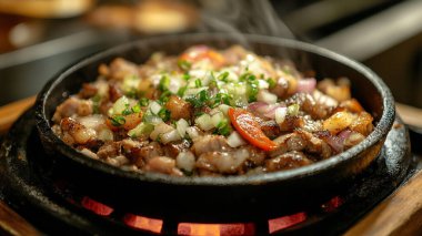 Kızarmış domuz ve sebze kızartma tavasında.