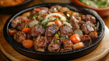 Tavada sebzeli kızarmış biftek.