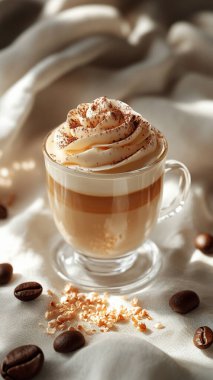 Krem şantili bir fincan kapuçino, tarçın çubukları ve kahverengi arka planda yıldız anason.