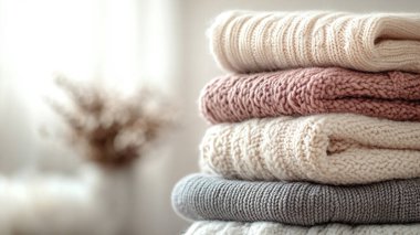 Odadaki raflarda farklı kıyafetlerin yığını, yakın plan.