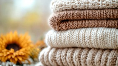 Ahşap arka planda sonbahar örgü süveterler. sonbahar sezonu.