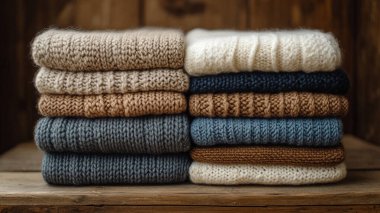 Ahşap bir masada örülmüş süveterler ve farklı kazaklar. Sonbahar arkaplanı, kışlık kıyafetler, kalın giysiler..