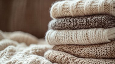 Ahşap bir arka planda örülmüş süveter ve kalın giysiler. Sıcak kış.