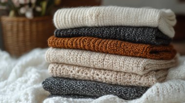 Bir yığın örgü süveter, kalın sonbahar kazakları, kazaklar, örgü ve kalın kazaklar ahşap tahtada, yakın plan.