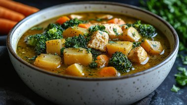 Sağlıklı vejetaryen sebze çorbası, soya peyniri ve koyu ahşap masada seramik kasede havuç. sağlıklı vejetaryen gıda konsepti.