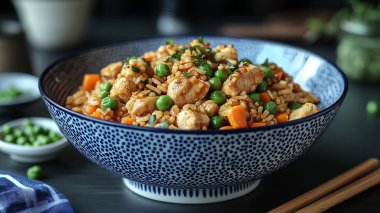 Sebzeli ve baharatlı kızarmış tavuk.