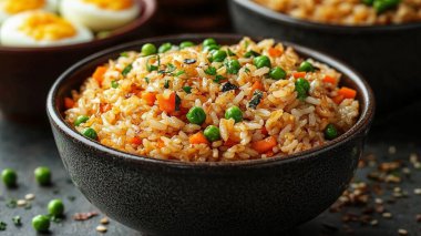 Siyah tabakta sebzeli kızarmış pirinç. Asya yemeği. en üstteki görünüm