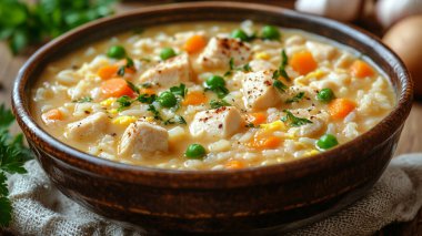 Bir kase lezzetli tavuk çorbası, yakın plan.