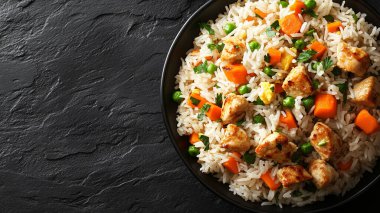 pirinç, tavuk ve sebzeler siyah arka planda, üst manzara.