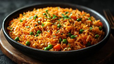 Siyah arka planda sebzeli pirinç. sağlıklı vejetaryen yemekleri.