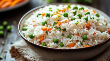 Havuçlu pirinç ve kase içinde yeşil bezelye.