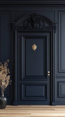 Parke ve kemik kapılı klasik klasik siyah-mavi oturma odası. Mavi ve siyah kapılı modern evin içinde.