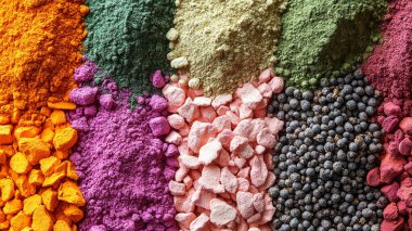 Bir kasedeki çeşitli renkli baharatlar.