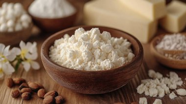 Masanın üzerinde doğal organik süt ürünleri olan kompozisyon