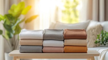 Odada şık kıyafetler ve temiz kıyafetler yığını var.