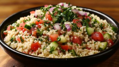 Tahta yüzeyde sebzeli kuskus salatası.