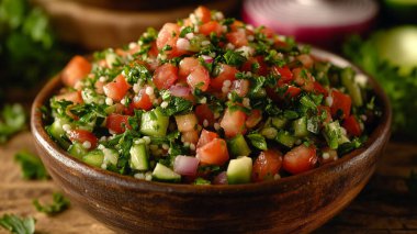 Domatesli taze salata ve ahşap masada salatalık.