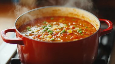 Kırmızı fasulyeli bir kase çorbanın dikey yakın çekimi.