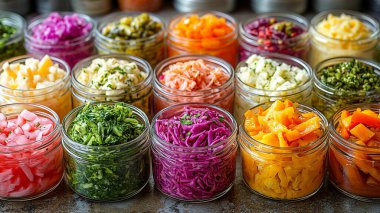 Kavanozlarda taze organik sebzeler var.