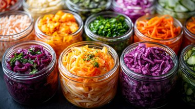 Tahta masadaki cam kavanozlarda taze organik sebzeler ve bitkiler.