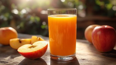 bardak elma suyu ahşap tablo