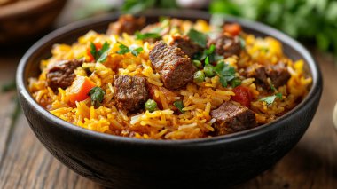 Pirinçli tavada etli pilav. Geleneksel doğu mutfağı.