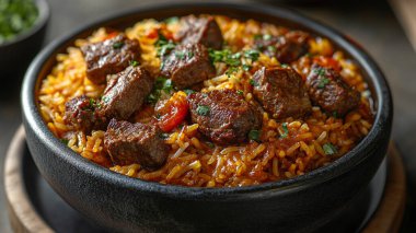 Kızartma tavasında etli ve sebzeli pirinç.