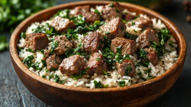 Pirinçli sığır eti yahnisi.