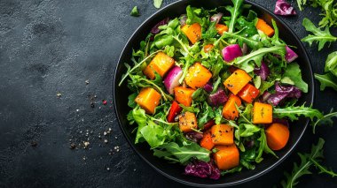 Ispanaklı, roka, domates ve balkabaklı taze sebze salatası. sağlıklı vegan salatası konsepti