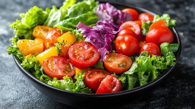 Taze organik salata, domates, ıspanak, marul ve feta.