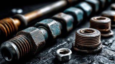 Siyah tahta arka planda metal cıvata ve fındık