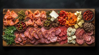 Siyah tahta üzerinde farklı peynir ve et ürünleri seti, üst görünüm.