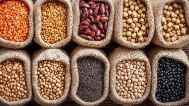 Tahta bir kasede, tahta bir arka planda çeşitli fasulye türleri.